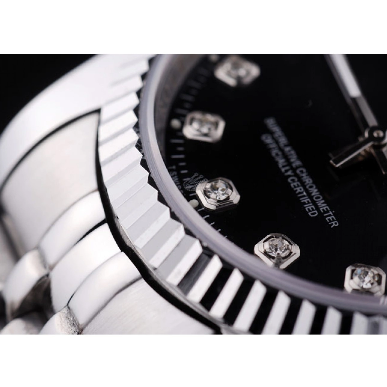 Aaa fake watches Diamonds Ribbed Black Rolex Dial 7458 Bezel Datejust 0630